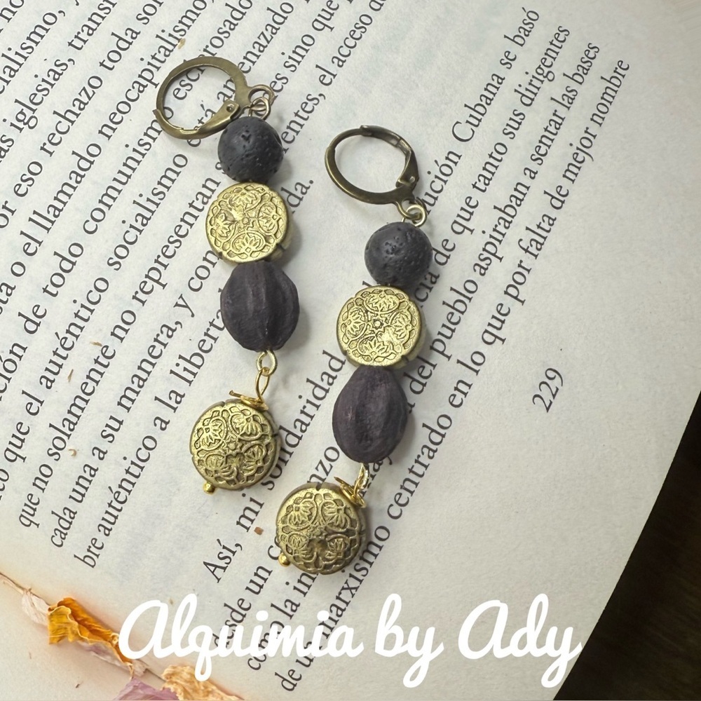 Gold antique style extra long lava Earrings